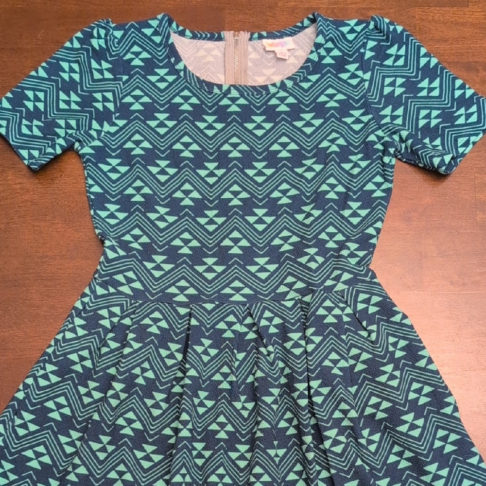 LuLaRoe Amelia Navy and Teal Geometric Dress